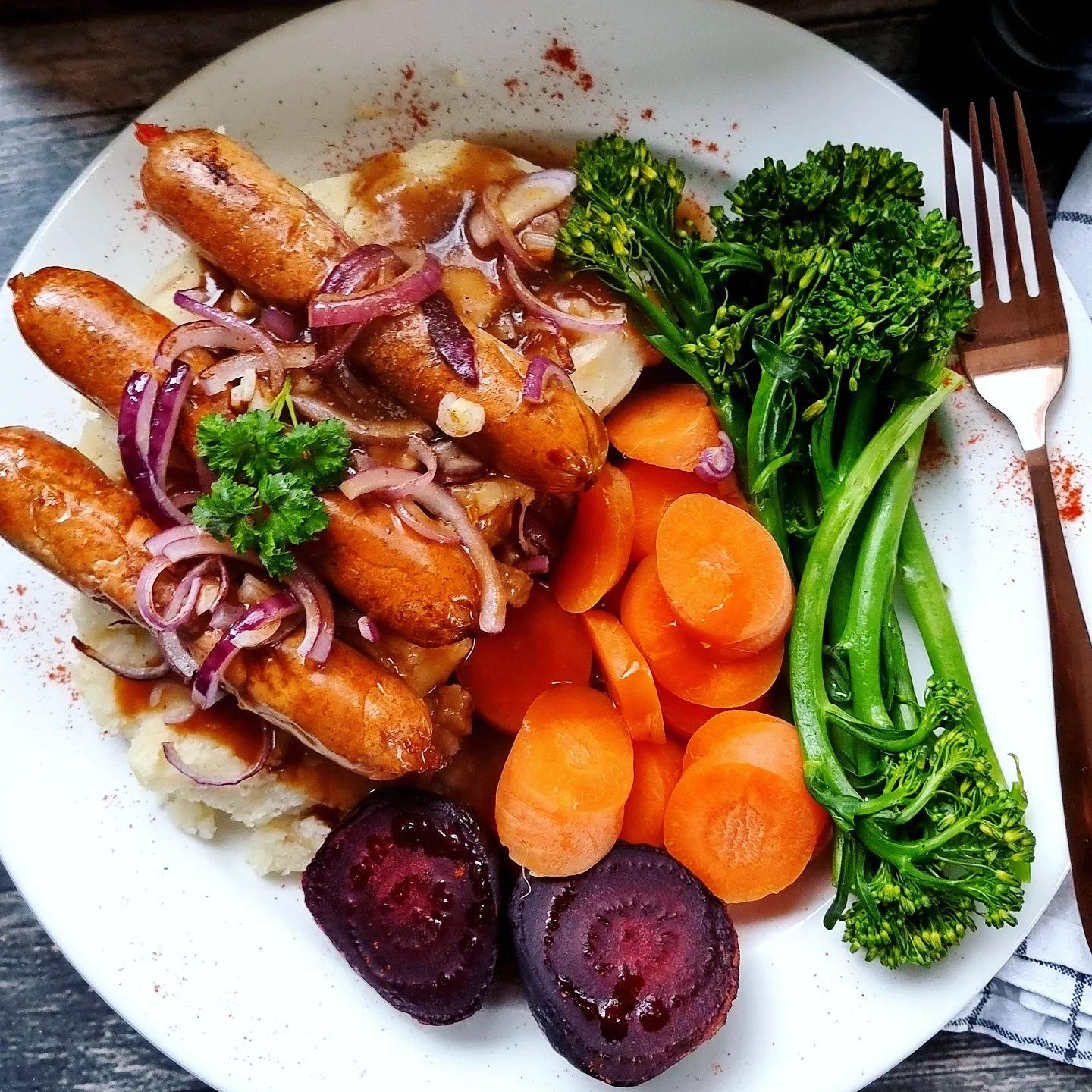 Vegan Bangers and Mash with Roasted Vegetables