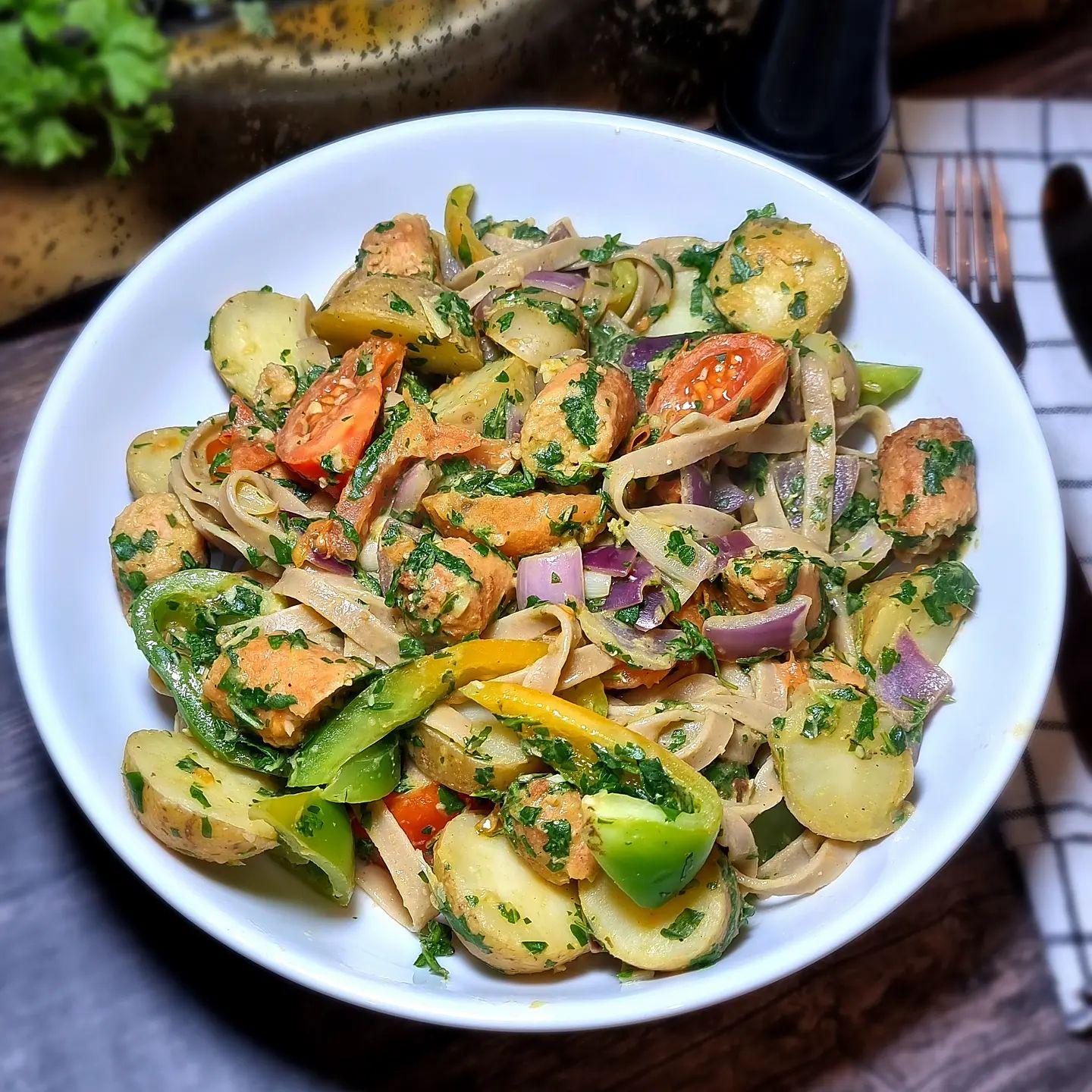 Rocket Pesto Pasta with Vegetables and Sausages