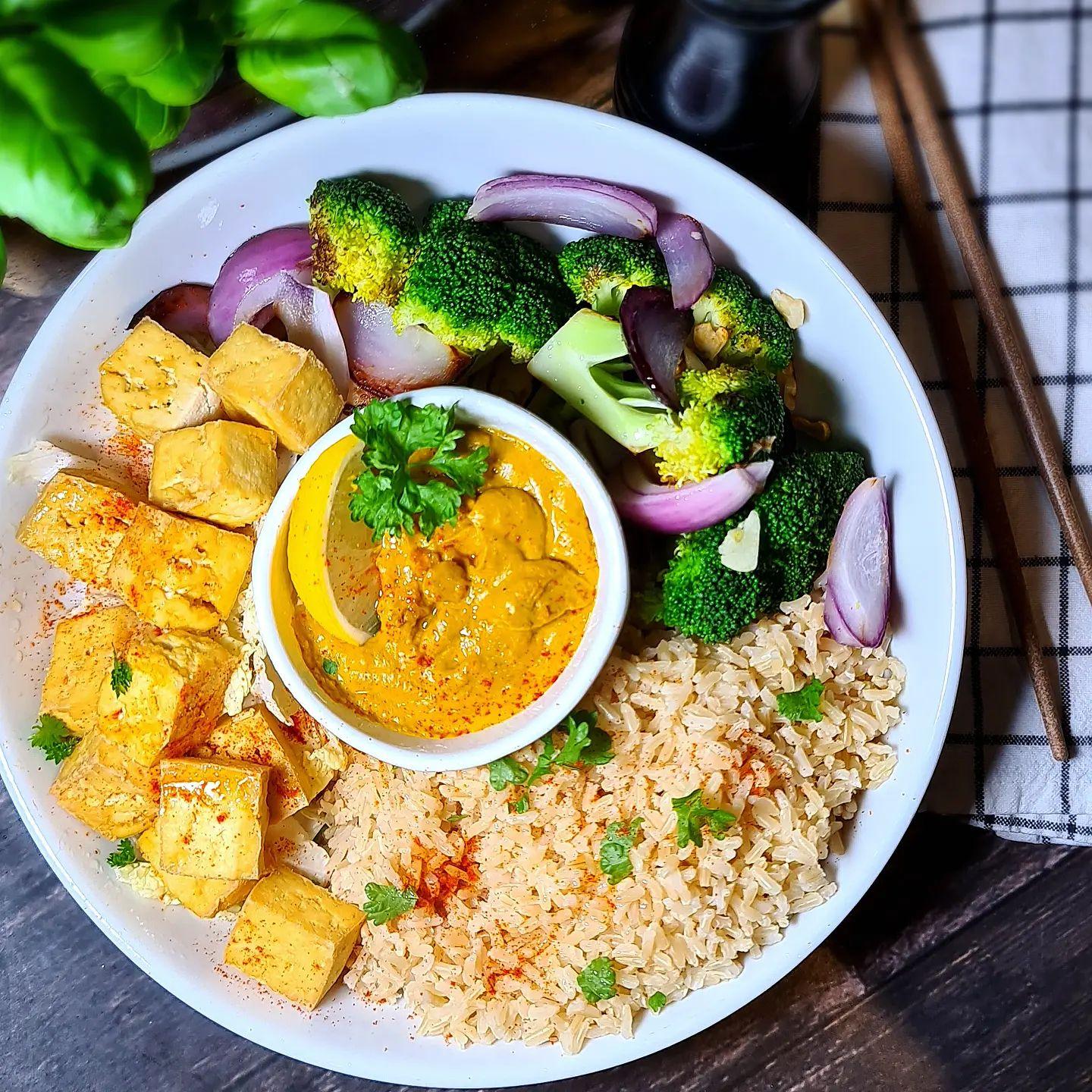 Crispy Tofu Satay with Rice and Broccoli