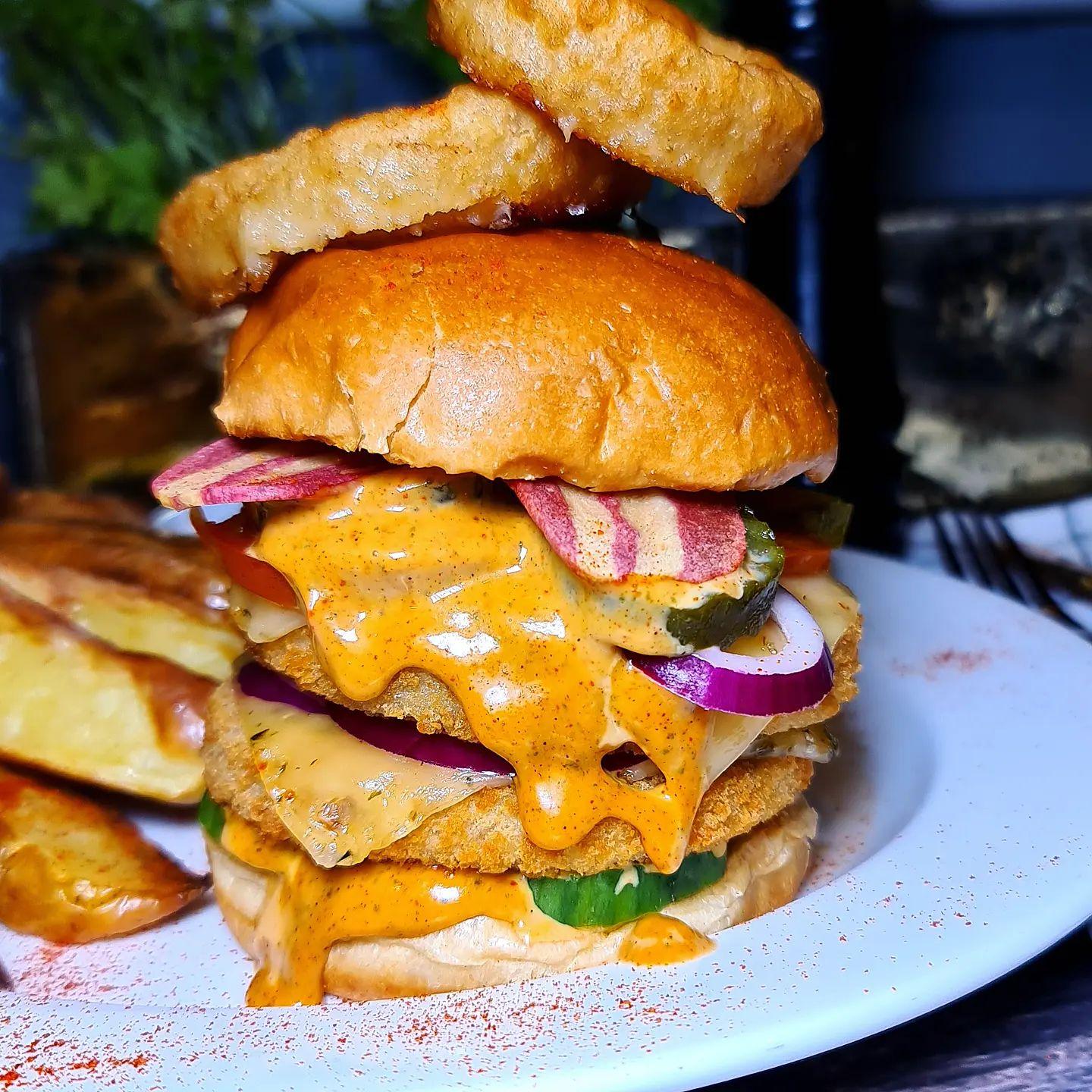 Vegan Double Chicken Bacon Burger with Sides