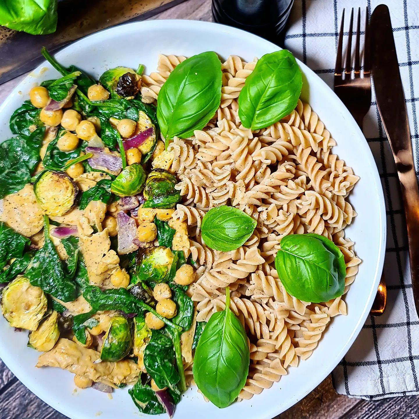 Roasted Brussels Sprouts and Chickpea Pasta with Creamy Sauce
