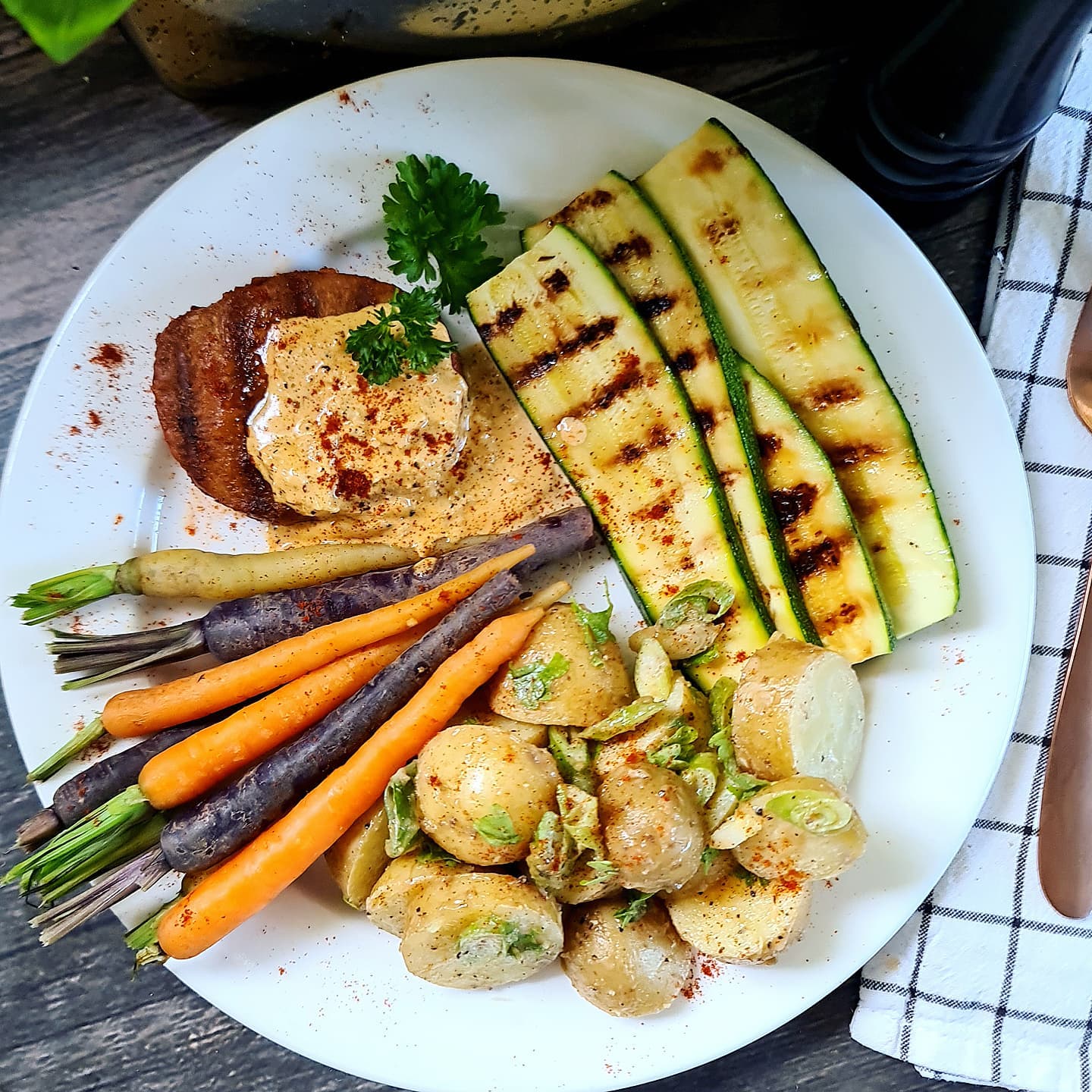 Vegan Plant Steak and Tahini Potato Salad