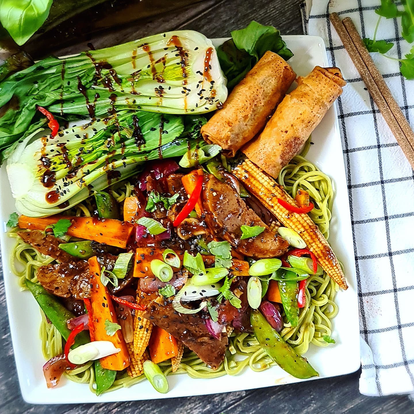 Vegan Seitan Stir Fry with Noodles and Pak Choi