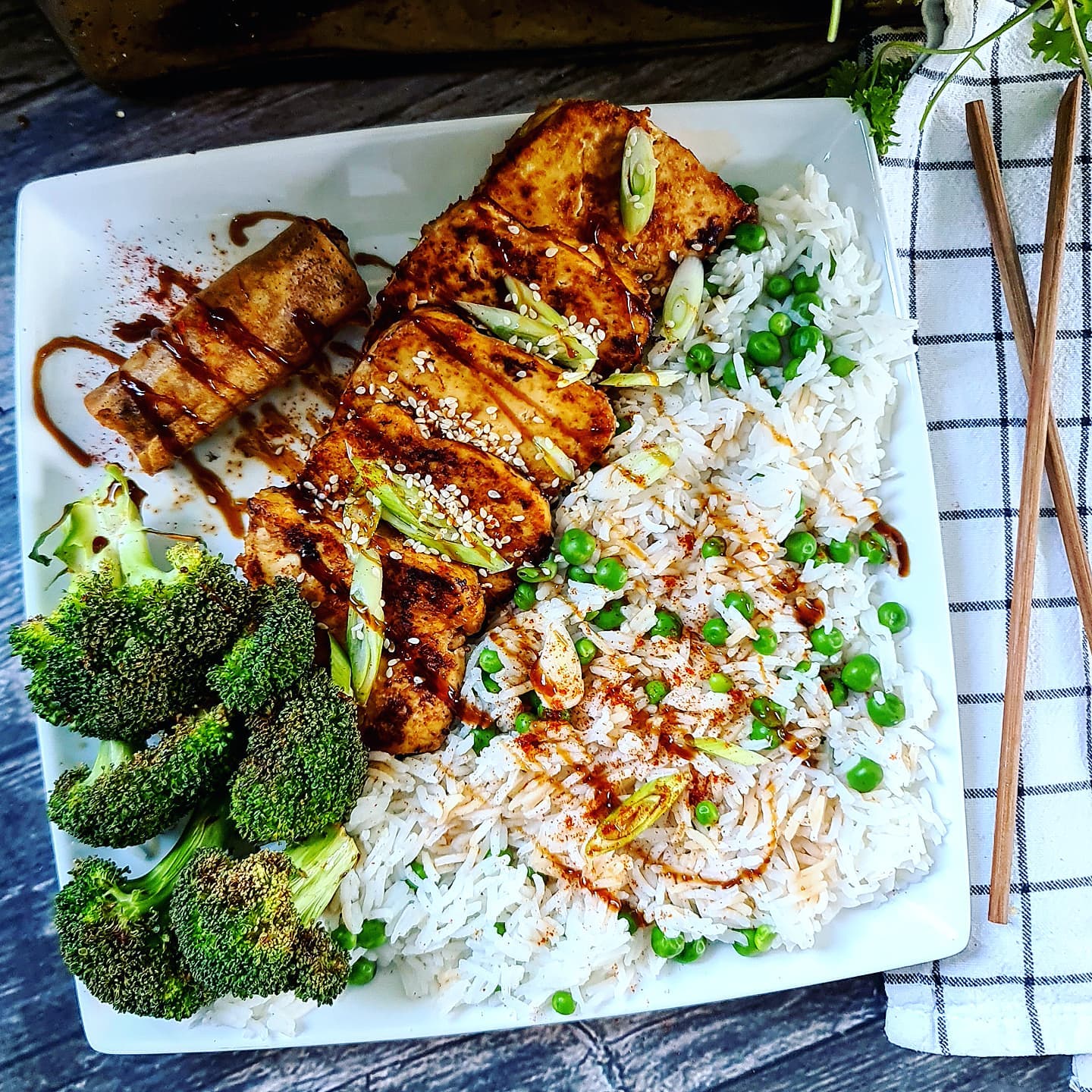 Miso Marinated Tofu with Rice and Air-Fried Broccoli