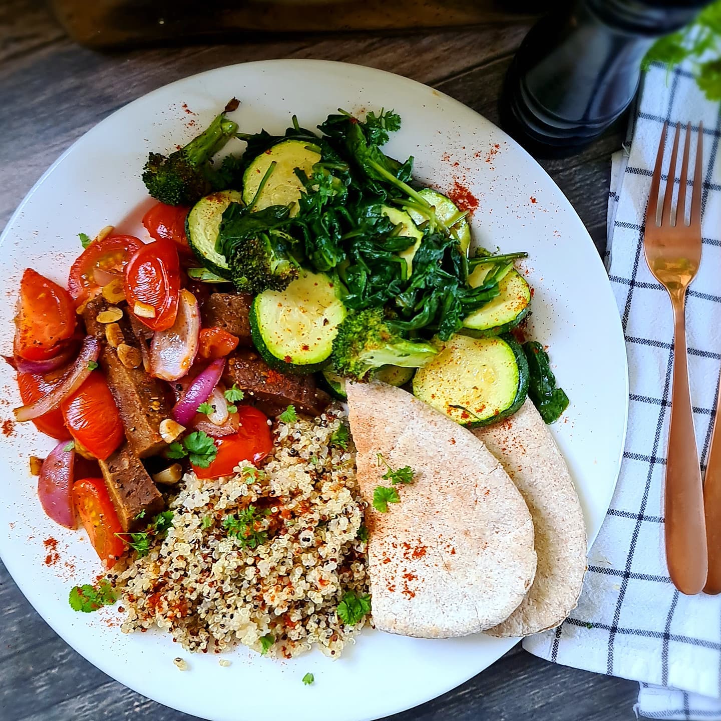 Vegan Seitan Tomato Stir-Fry with Quinoa and Greens