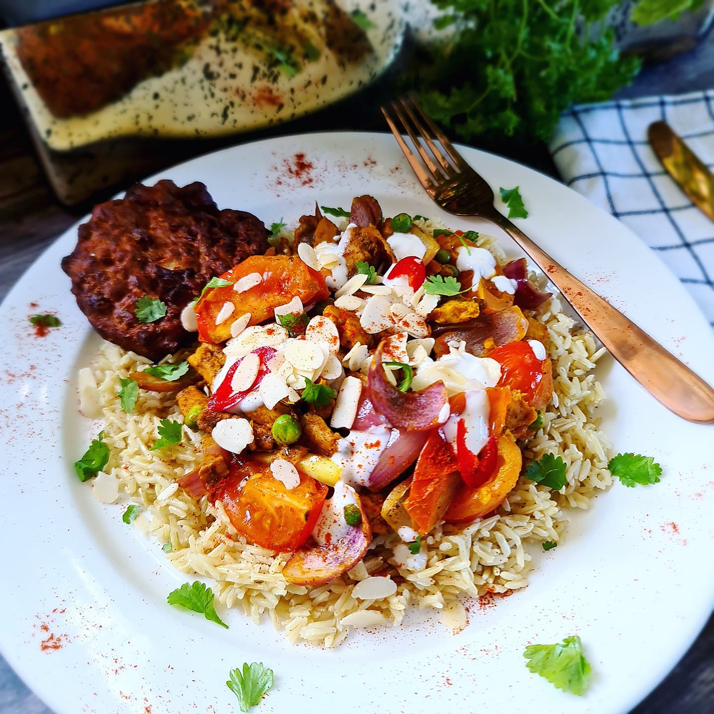 Vegan Chicken Tikka with Rice and Onion Bhaji