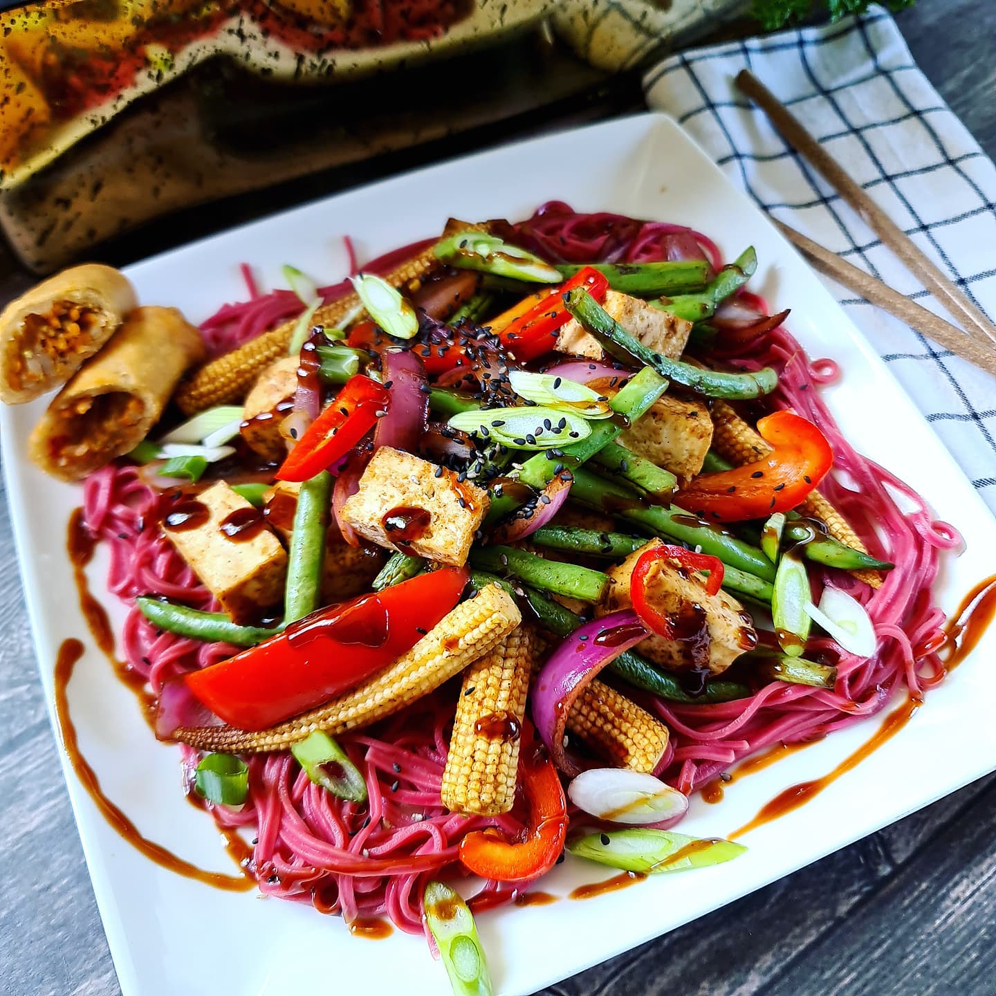 Stir Fried Hoisin Tofu with Beetroot Noodles