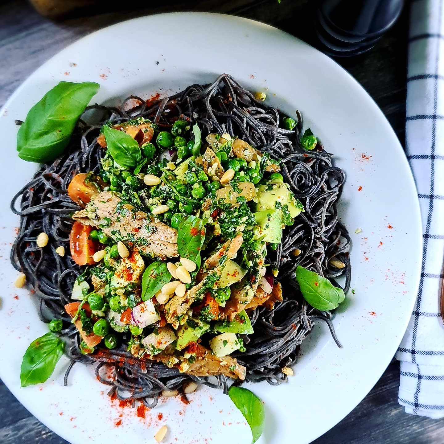 Roasted Vegan Chicken with Rocket Pesto and Black Bean Spaghetti
