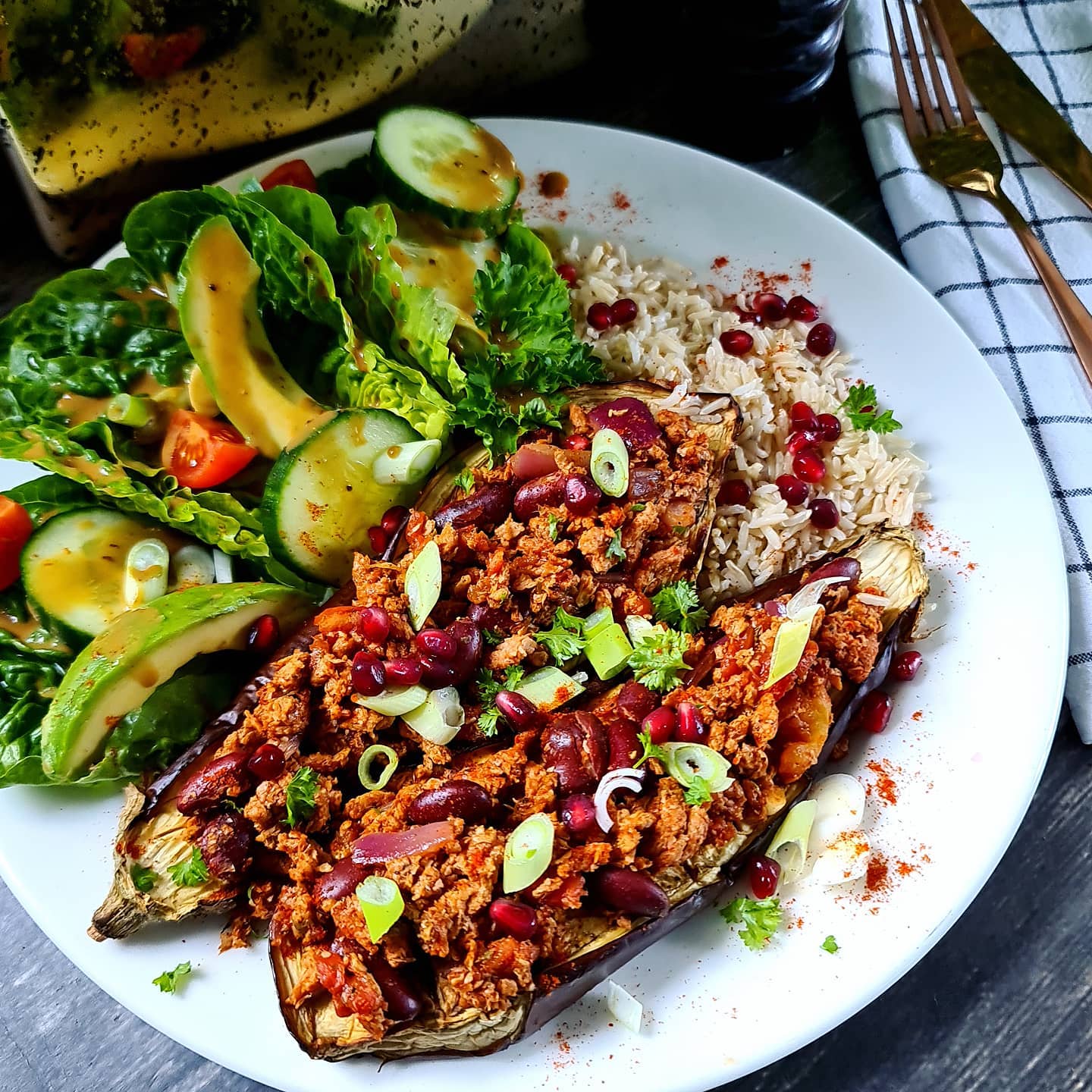 Vegan Chili Stuffed Aubergine
