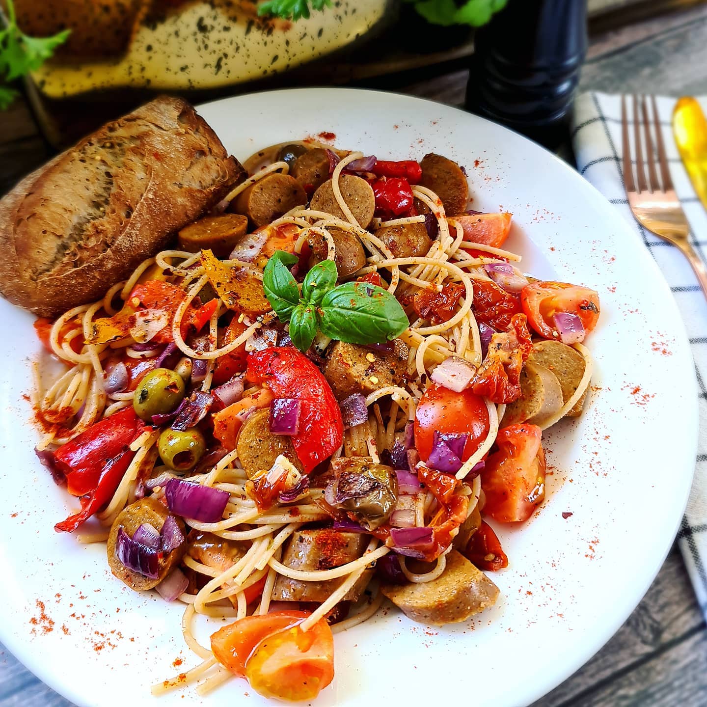 Vegan Mediterranean Sausage Spaghetti