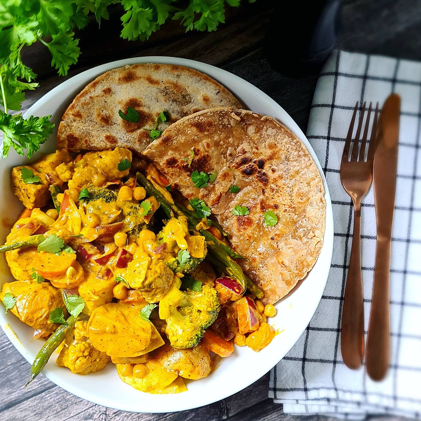 Tempeh and Chickpea Korma with Parathas