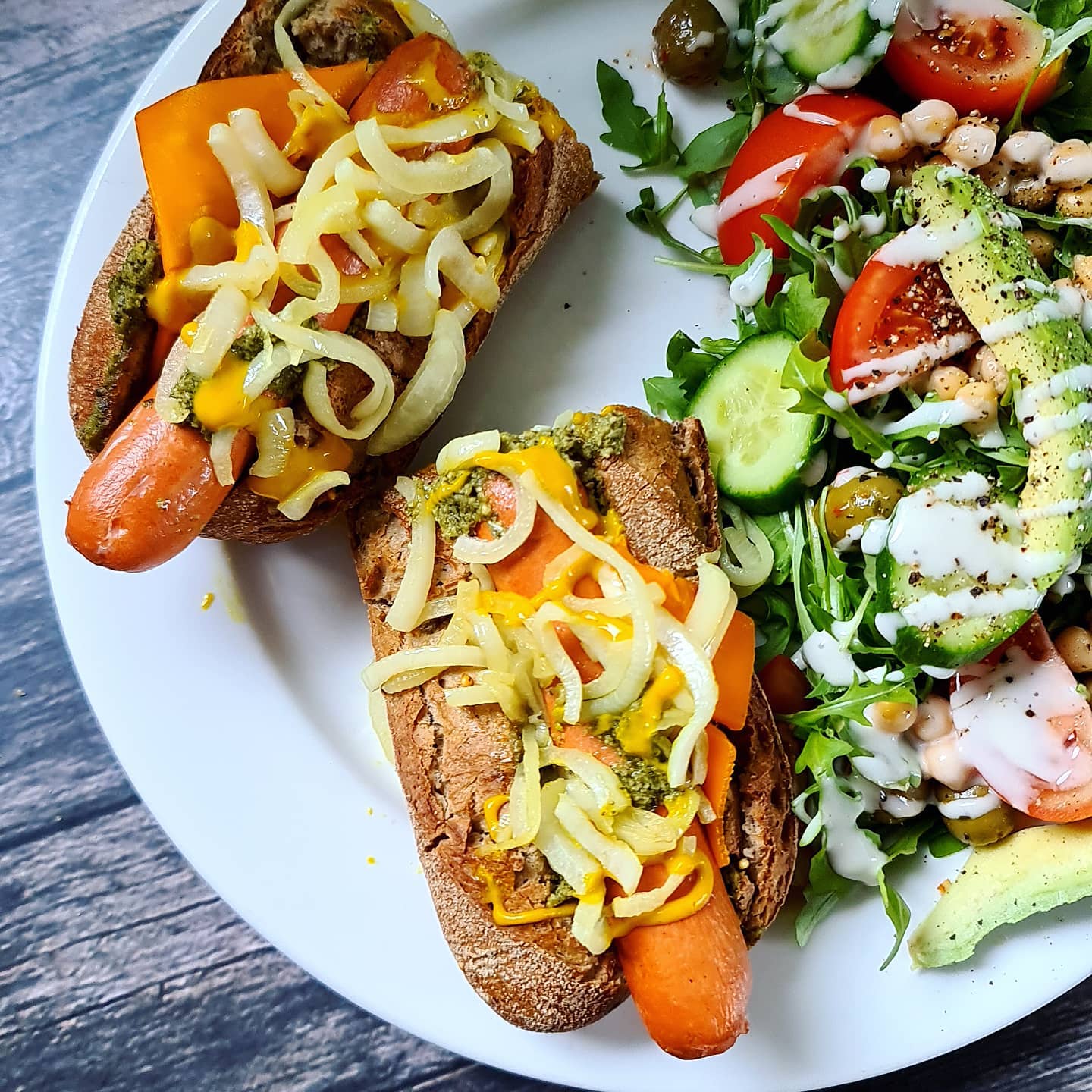 Pesto Dirty Dogs with Chickpea Salad
