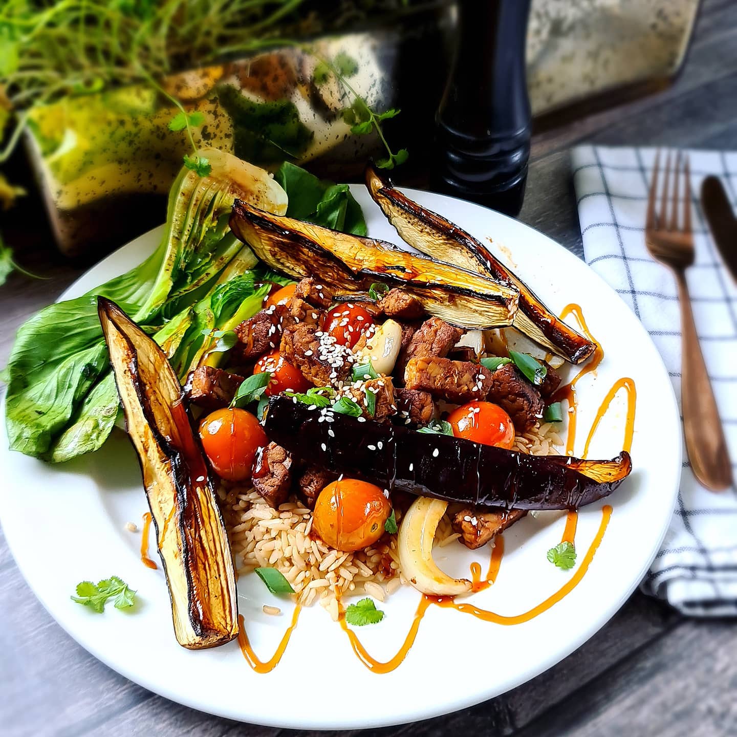 Chargrilled Aubergine with Teriyaki Tempeh and Rice