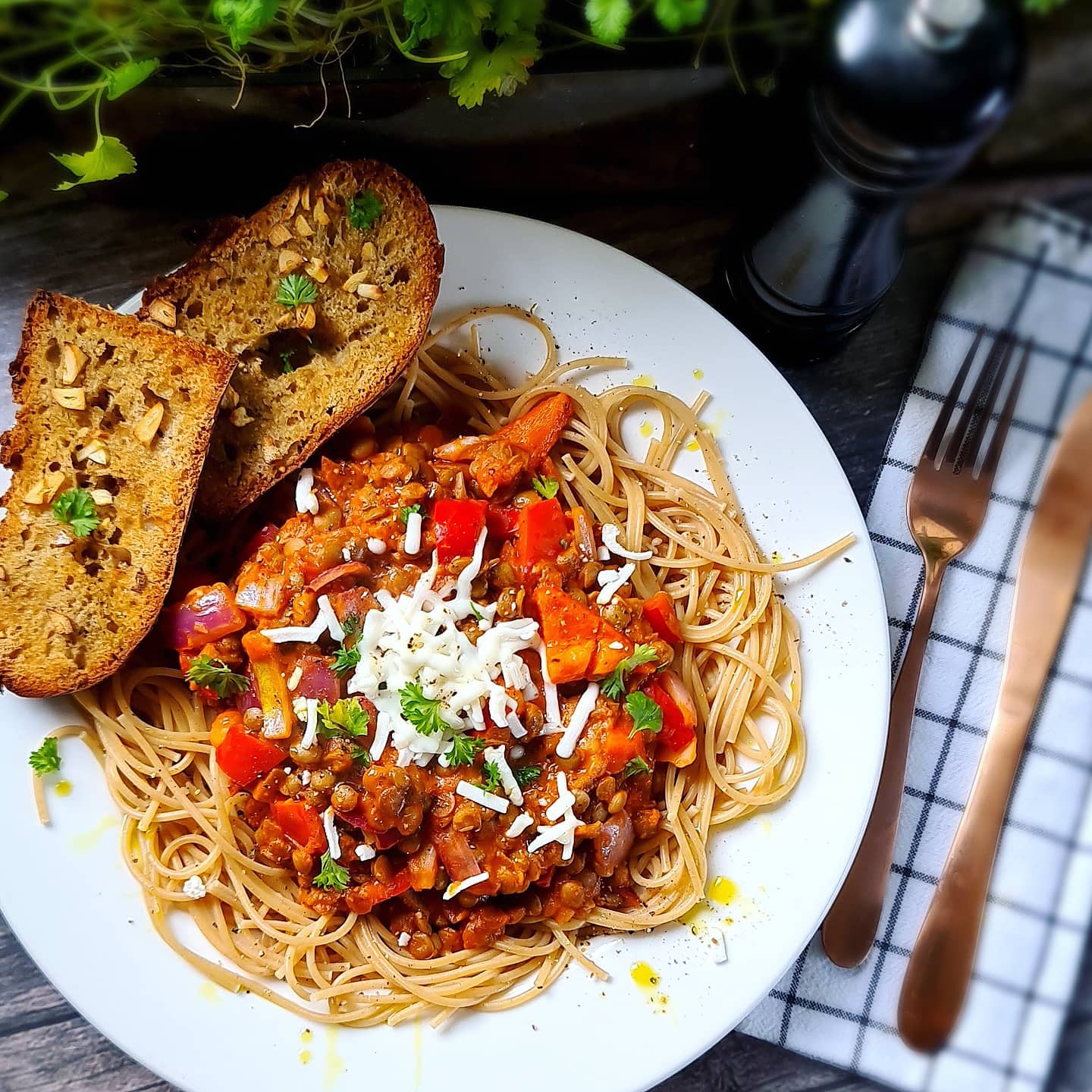Lentil Spaghetti with Seeded Garlic Bread