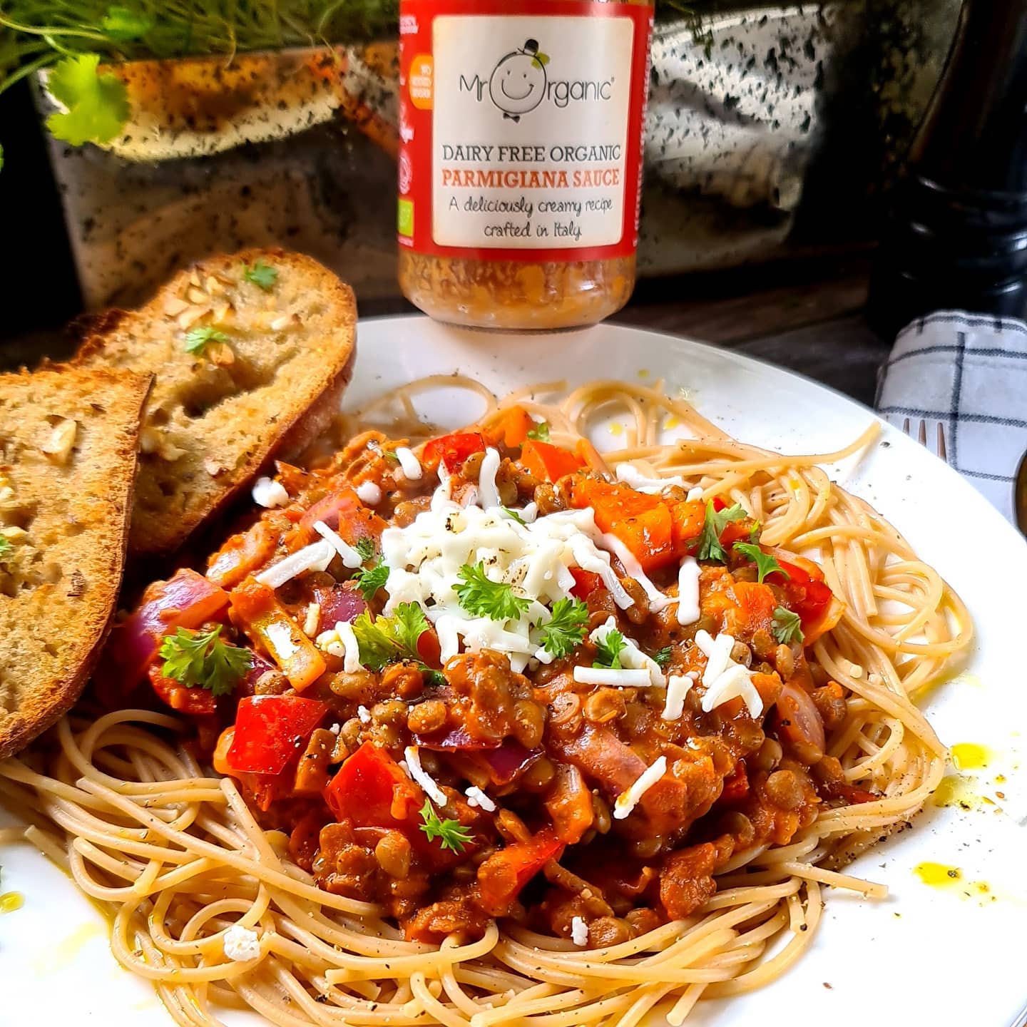 Lentil Spaghetti with Seeded Garlic Bread