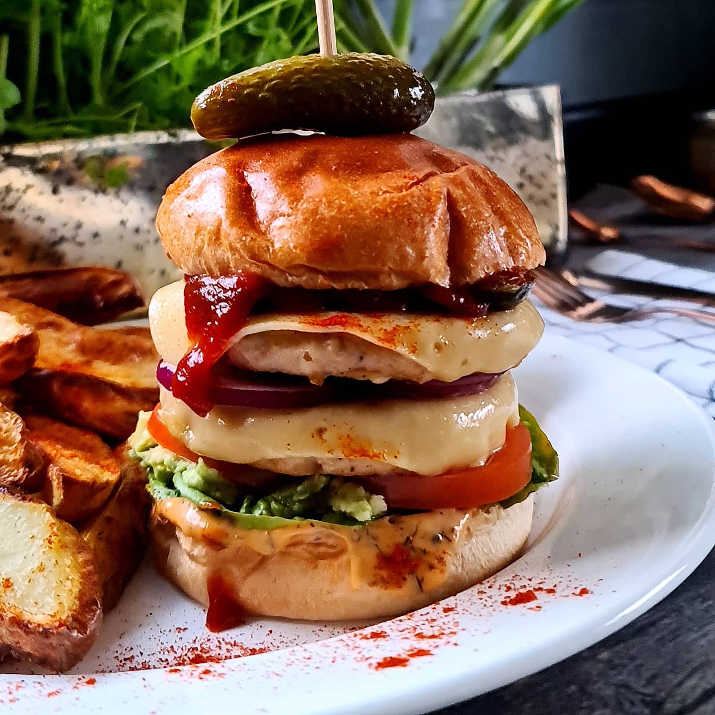 Double Chick'n Cheese Burger with Wedges