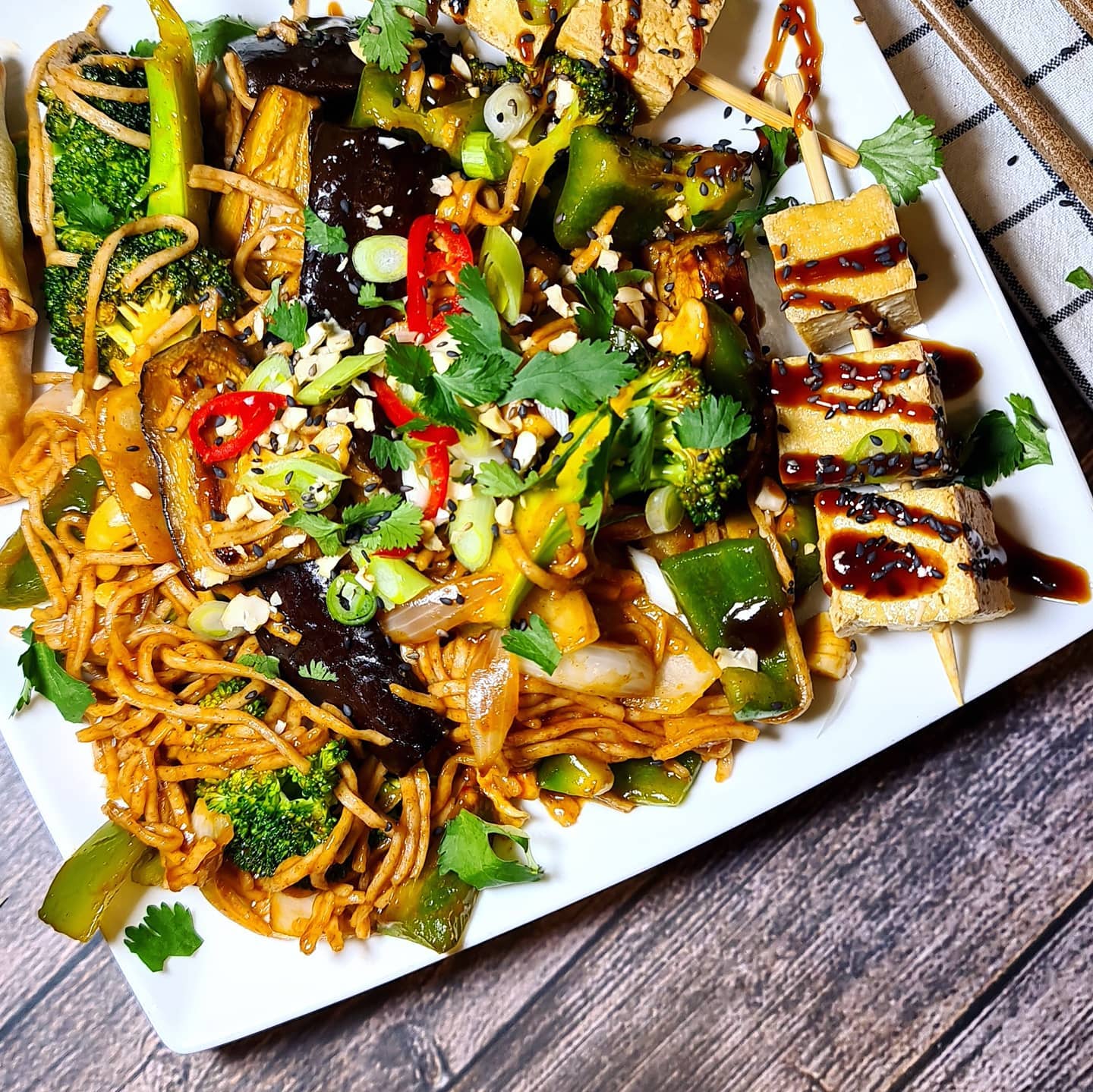Sticky Aubergine Stir-Fry with Wholewheat Noodles and Tofu Skewers