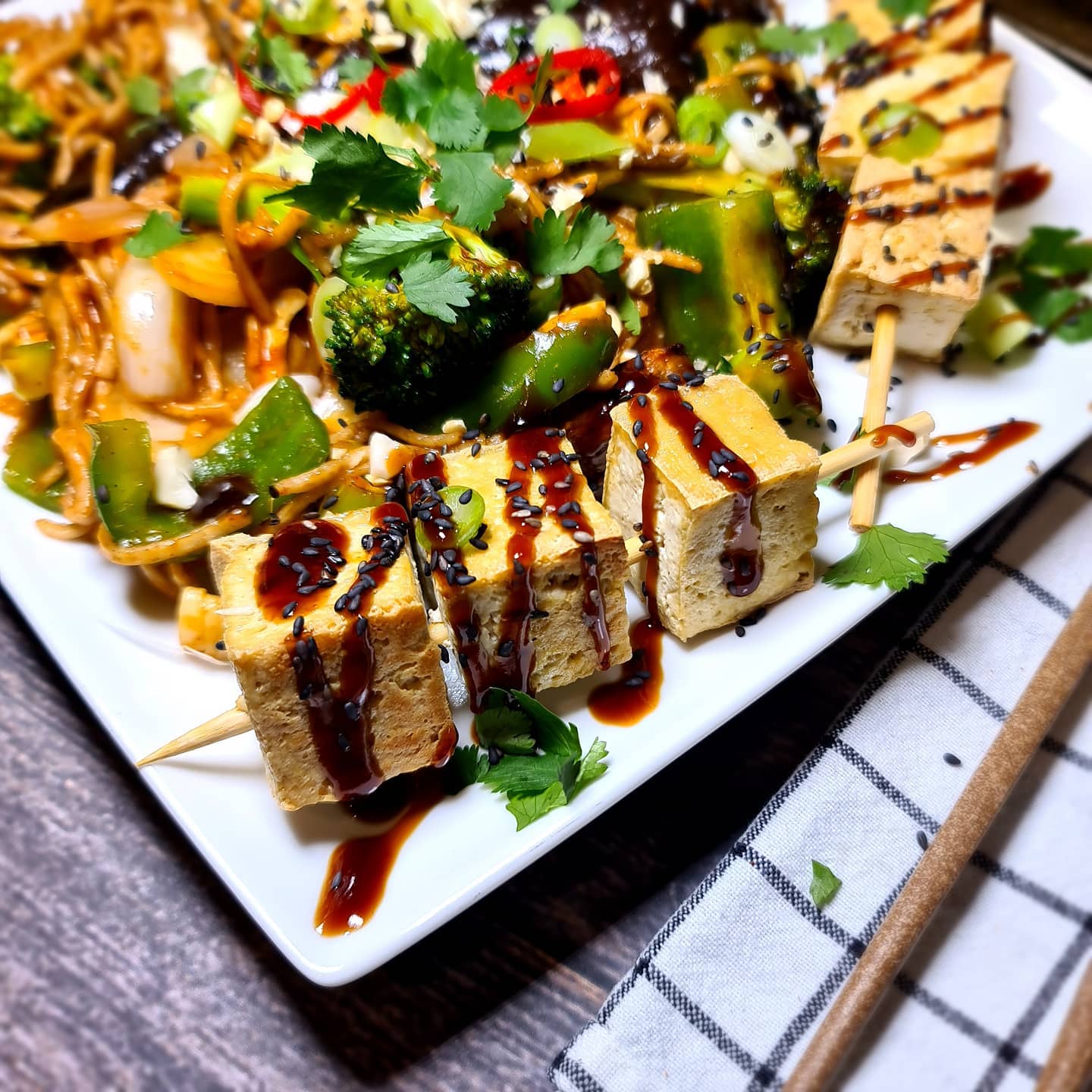 Sticky Aubergine Stir-Fry with Wholewheat Noodles and Tofu Skewers