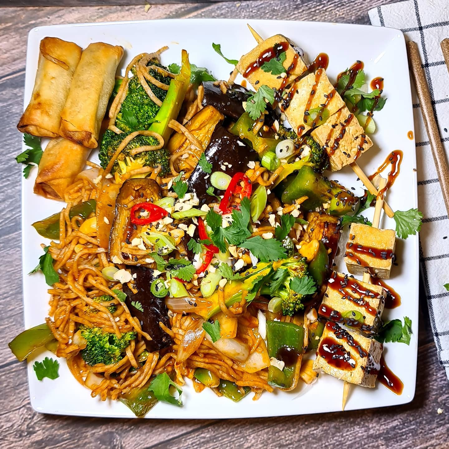 Sticky Aubergine Stir-Fry with Wholewheat Noodles and Tofu Skewers
