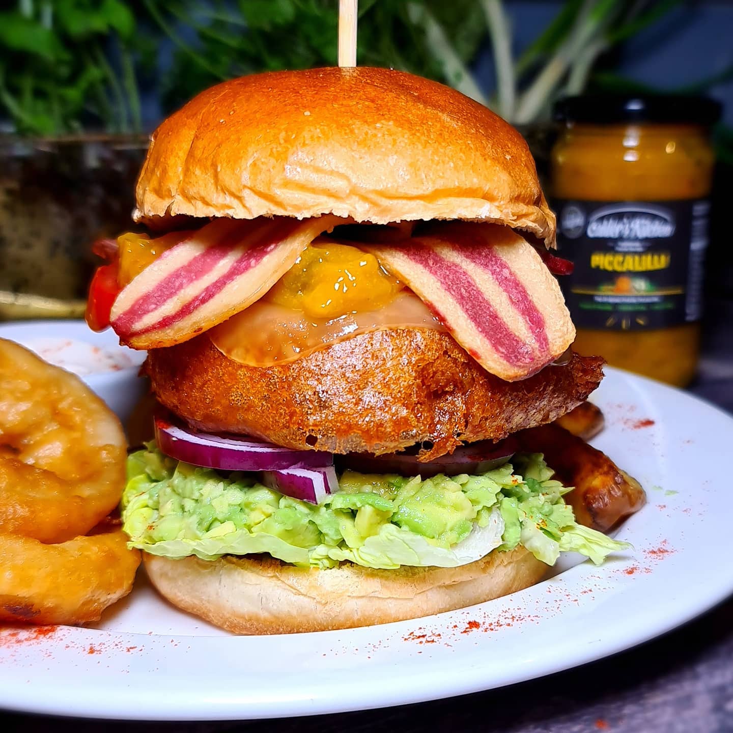 Beer Battered Burger with Wedges and Onion Rings