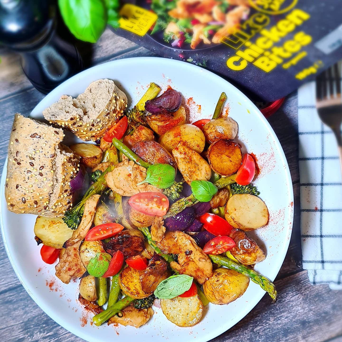 Balsamic Roasted Potatoes with Vegan Chicken and Vegetables