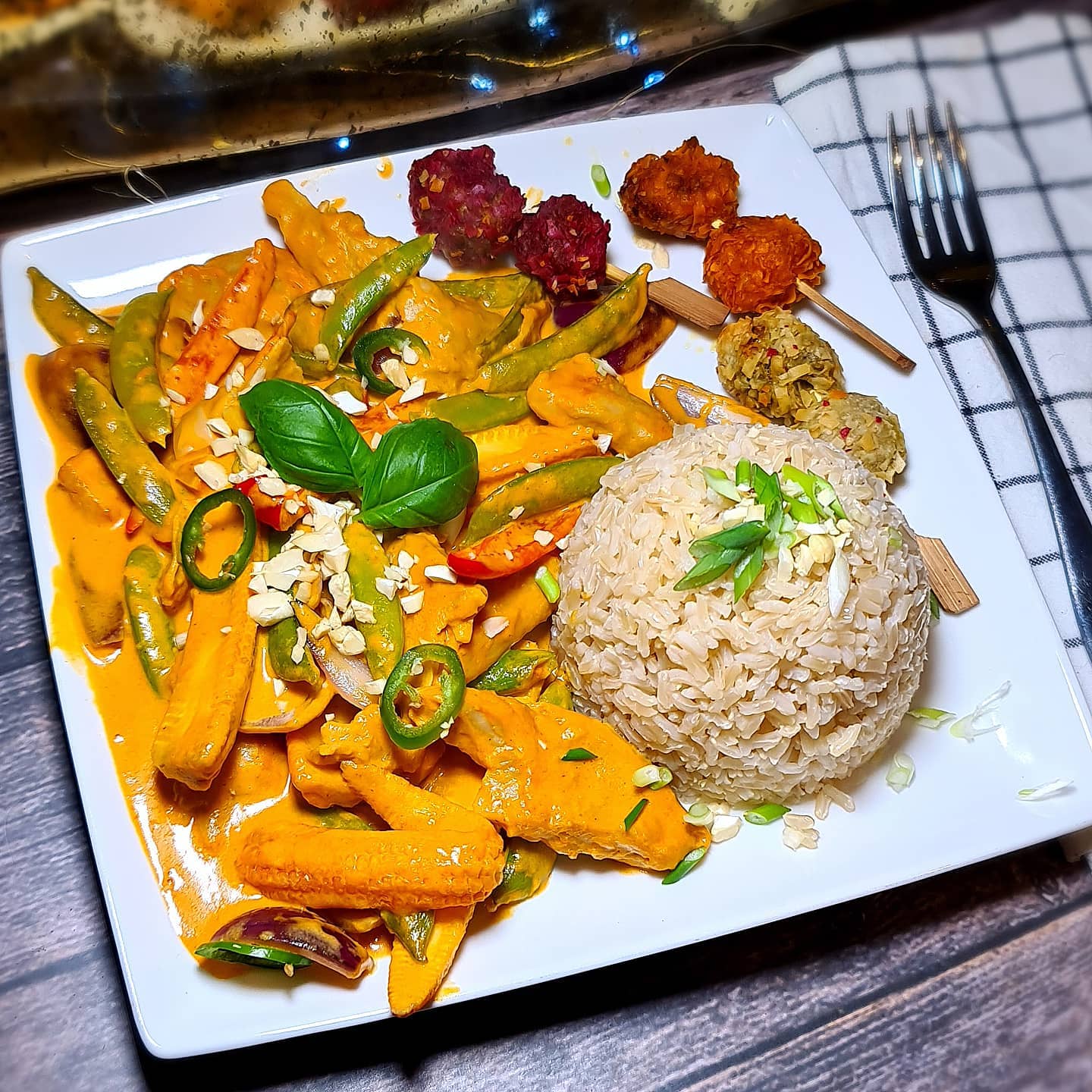 Vegan Thai Red Curry with Rice and Skewers