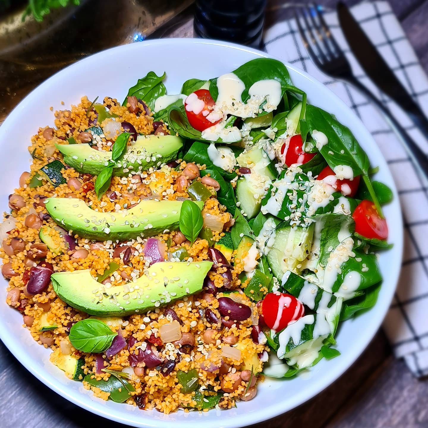 Mixed Beans and Sun-Dried Tomato Couscous with Spinach Salad