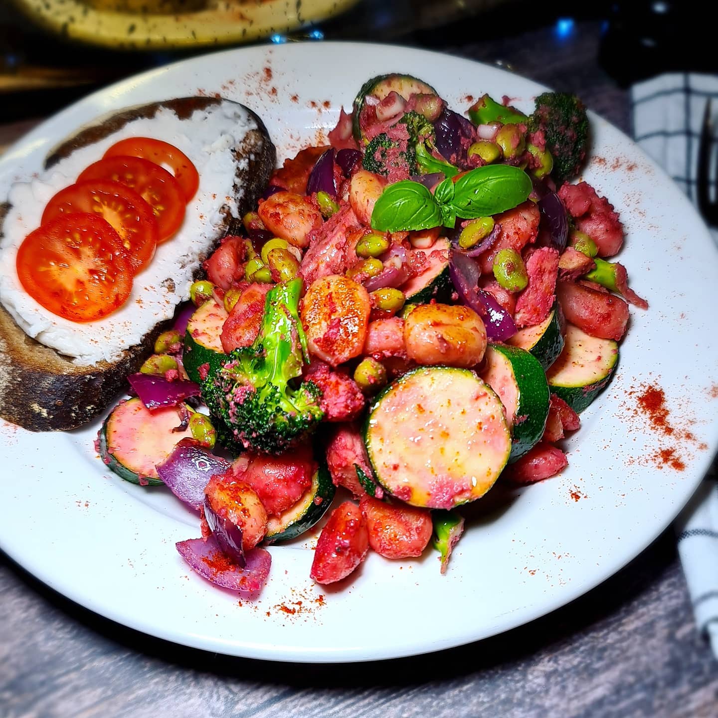 Fried Gnocchi with Green Vegetables and Pink Pesto