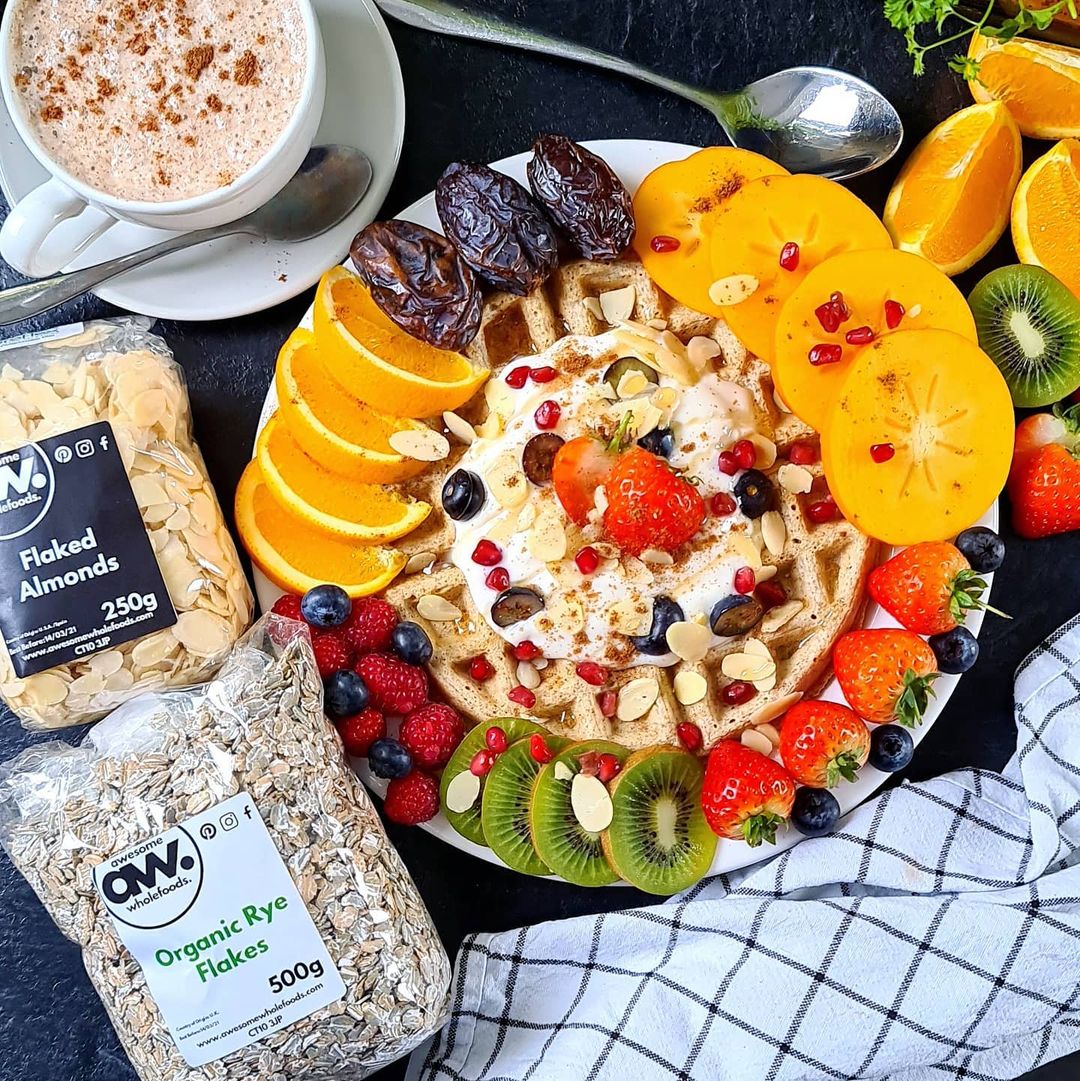 Organic Rye Waffle with Soya Yoghurt Flaked Almonds and Fruit