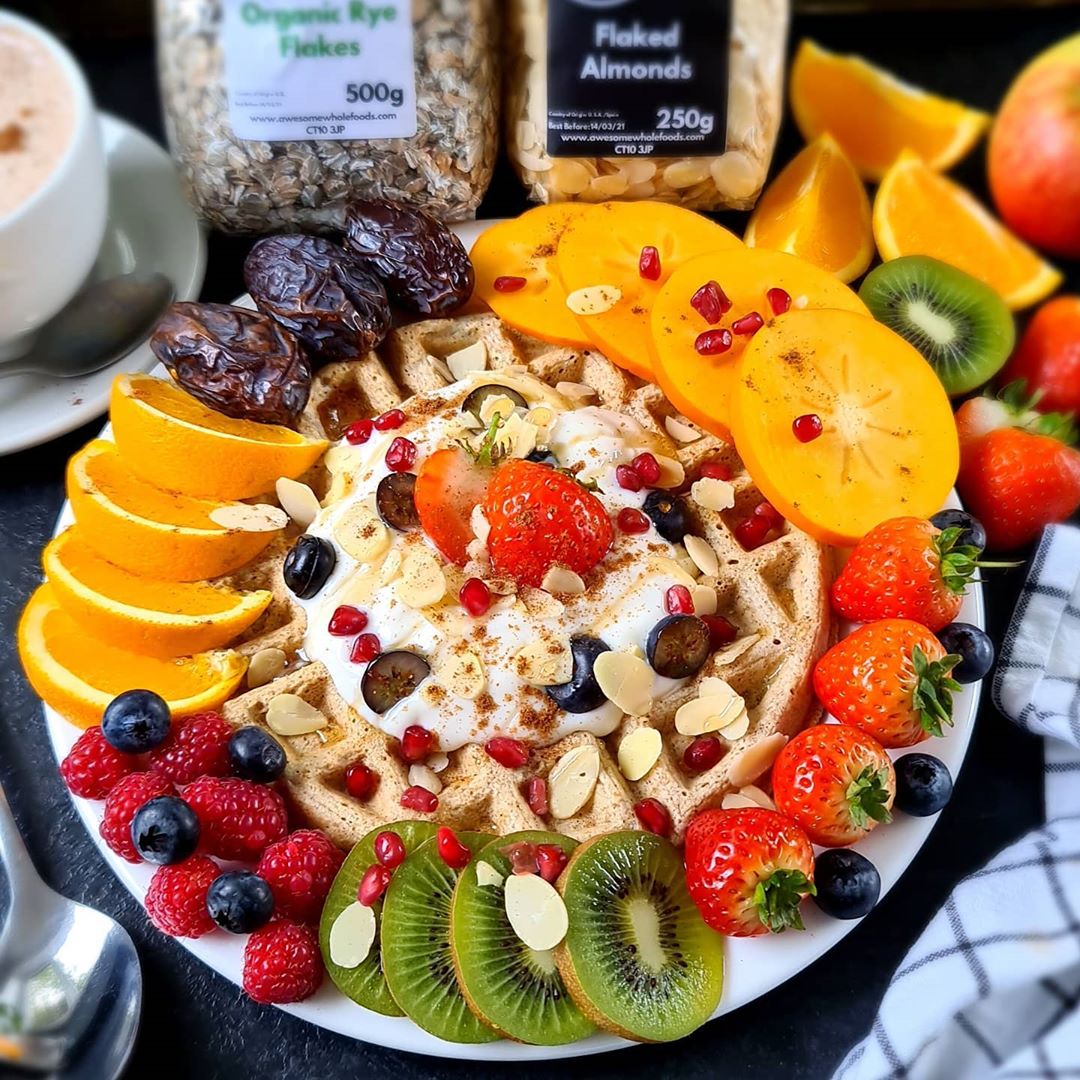 Organic Rye Waffle with Soya Yoghurt Flaked Almonds and Fruit