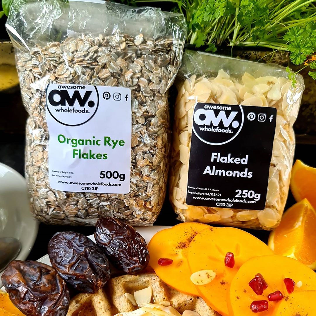 Organic Rye Waffle with Soya Yoghurt Flaked Almonds and Fruit