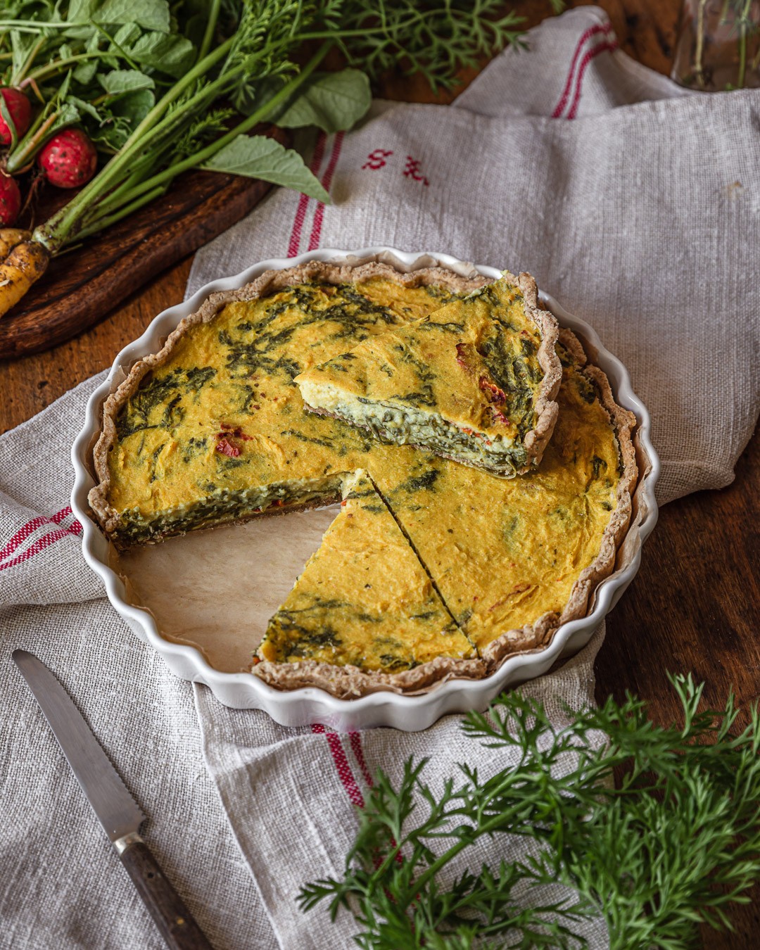 Vegan Quiche with Carrot and Radish Greens