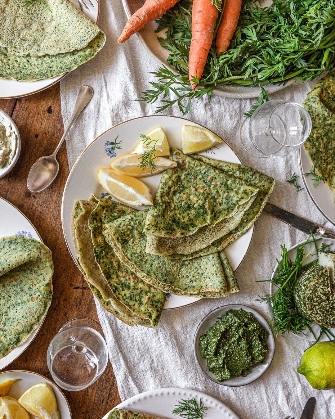 Protein Crepes with Carrot Top Greens