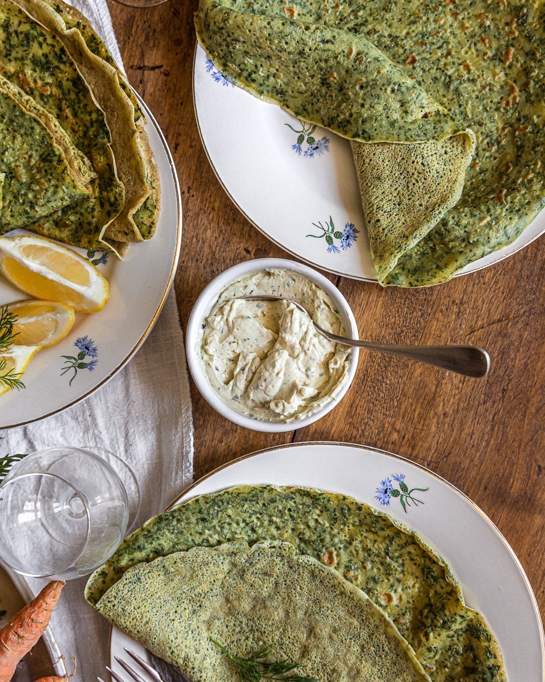 Protein Crepes with Carrot Top Greens