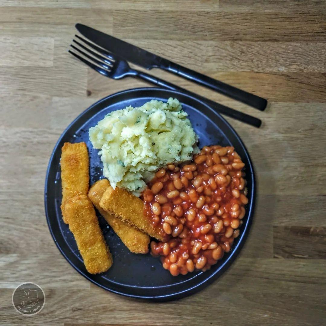 Plant-Based Fish Fingers with Mash and Beans
