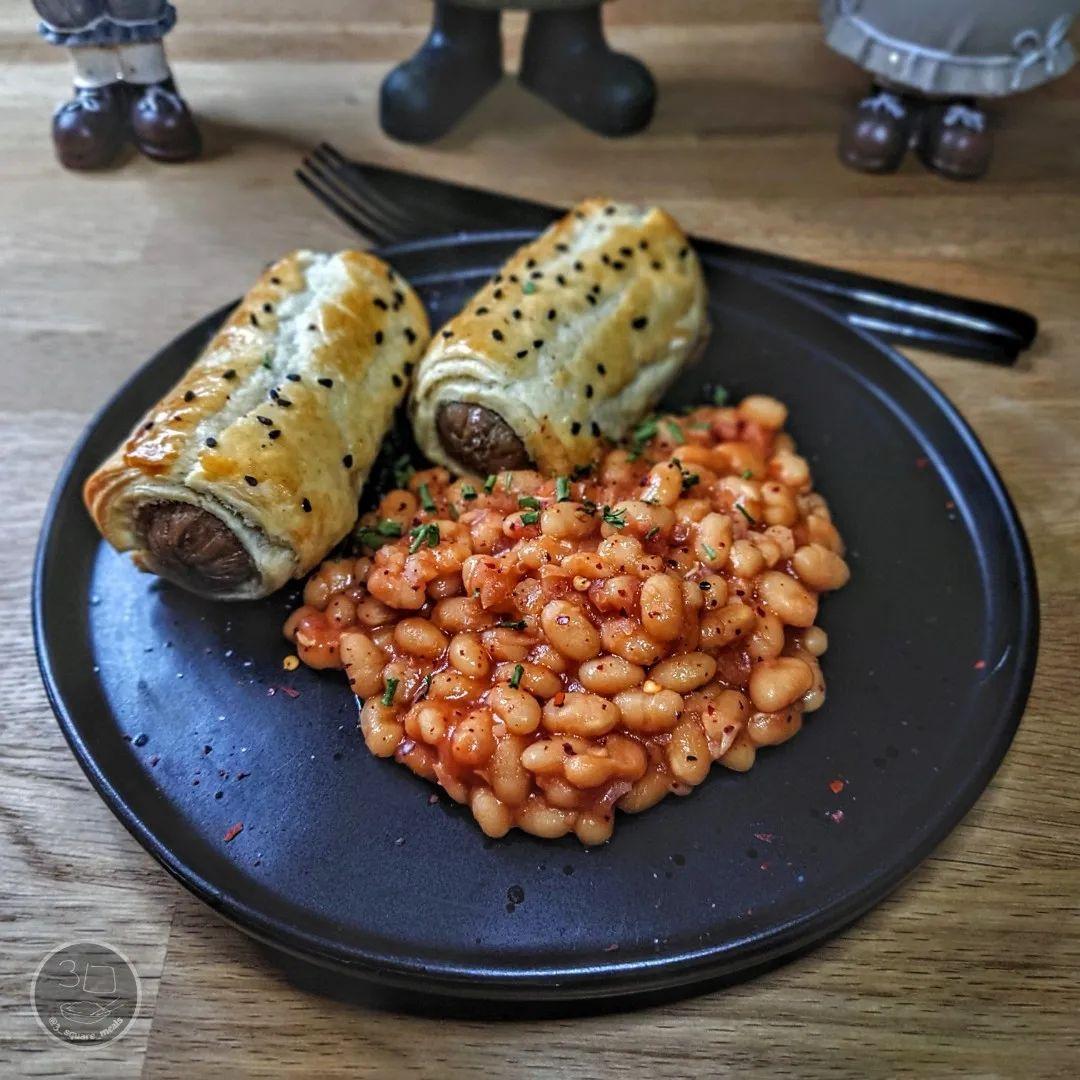 Vegetarian Sausage Rolls with Baked Beans