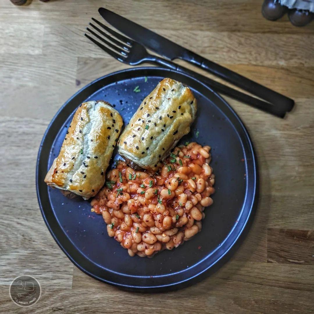 Vegetarian Sausage Rolls with Baked Beans