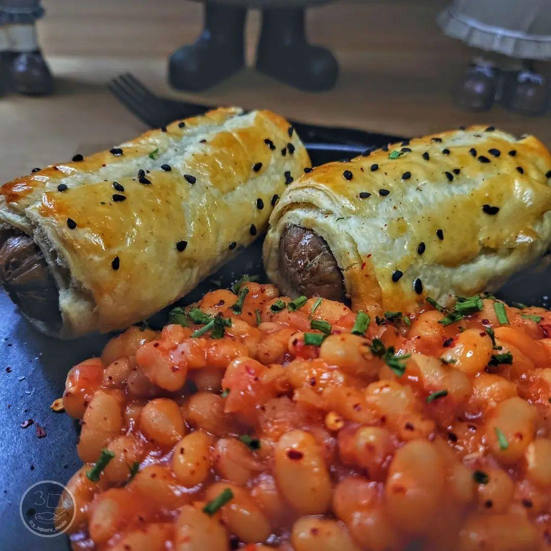 Vegetarian Sausage Rolls with Baked Beans