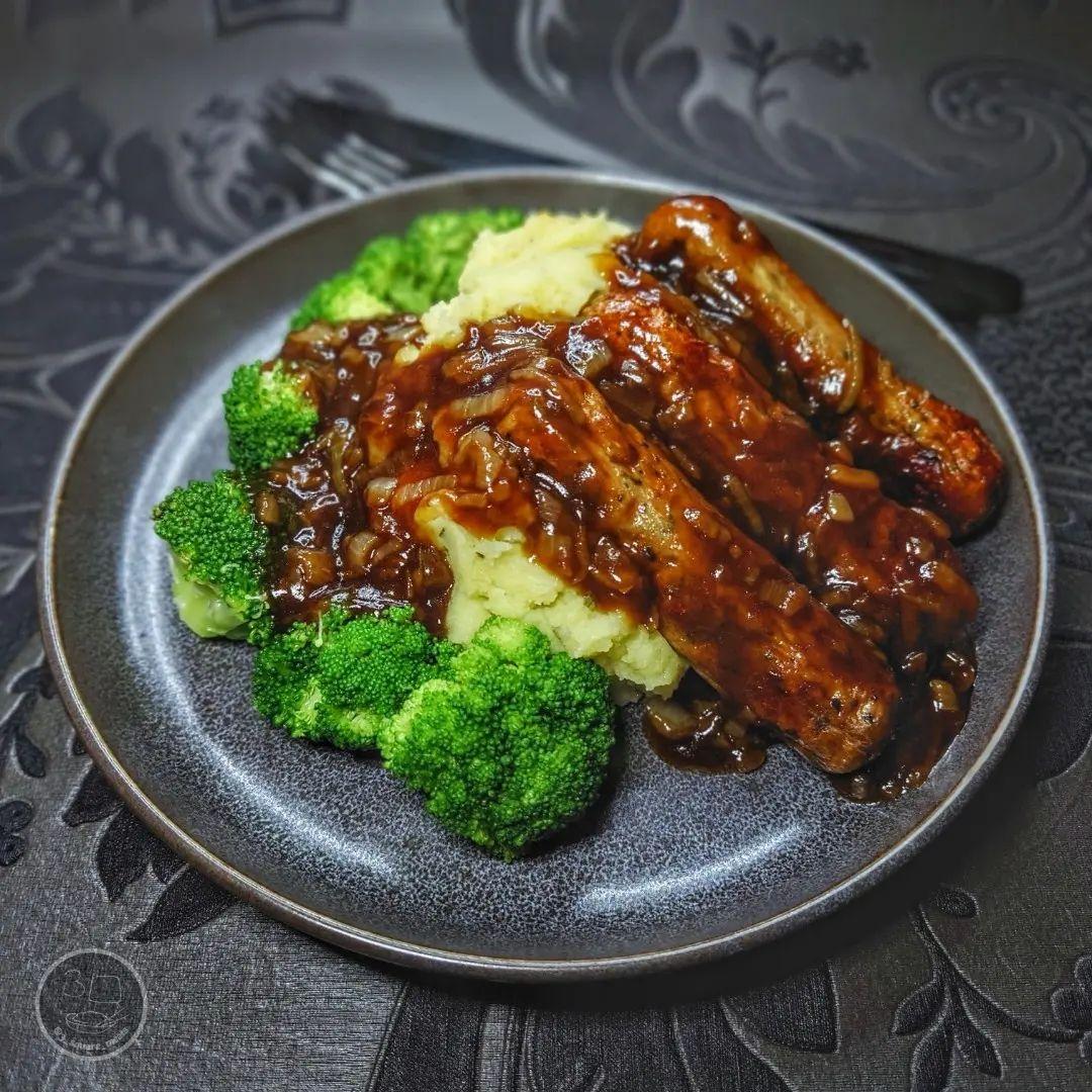 Vegetarian Sausages with Mash and Caramelised Onion Gravy
