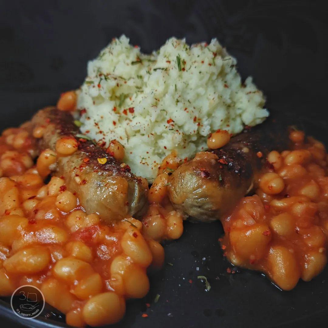 Pan-Fried Vegetarian Sausages with Mash and Beans