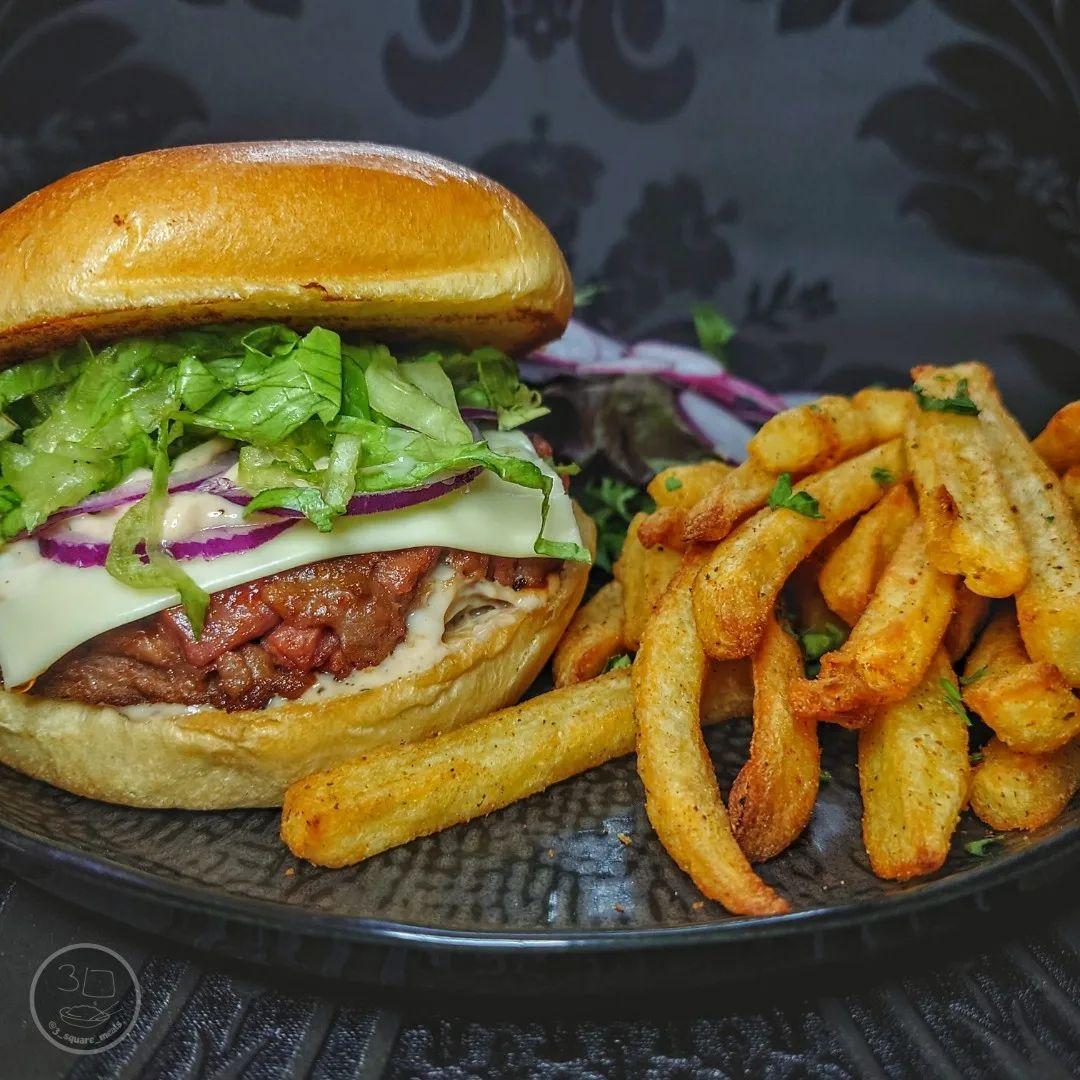 Veggie Bacon Burger with Fries