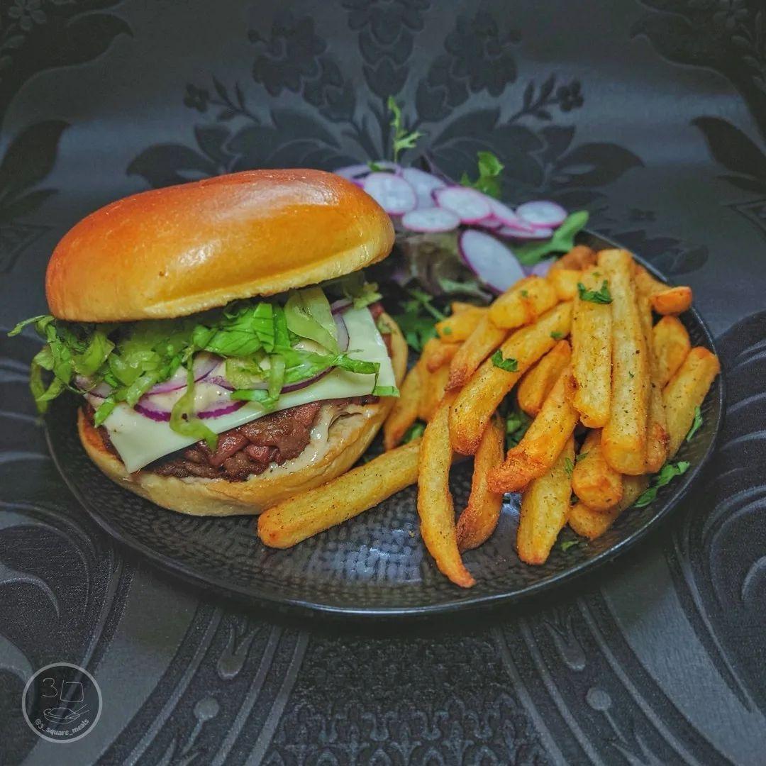 Veggie Bacon Burger with Fries