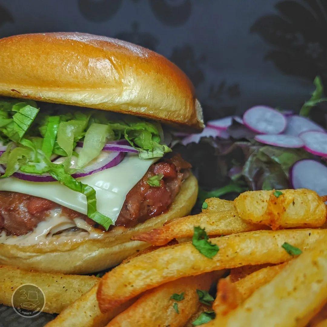 Veggie Bacon Burger with Fries