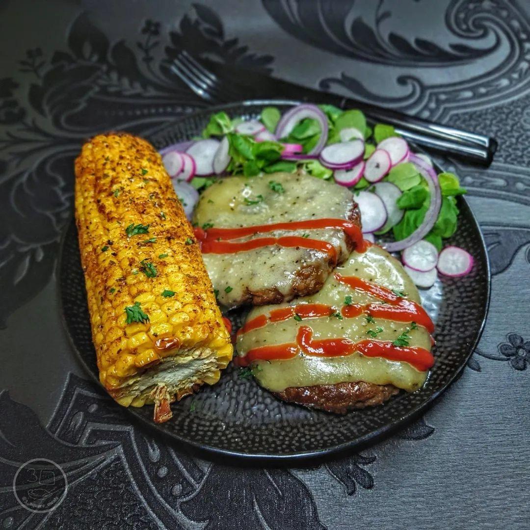 Naked Burger with Corn and Salad