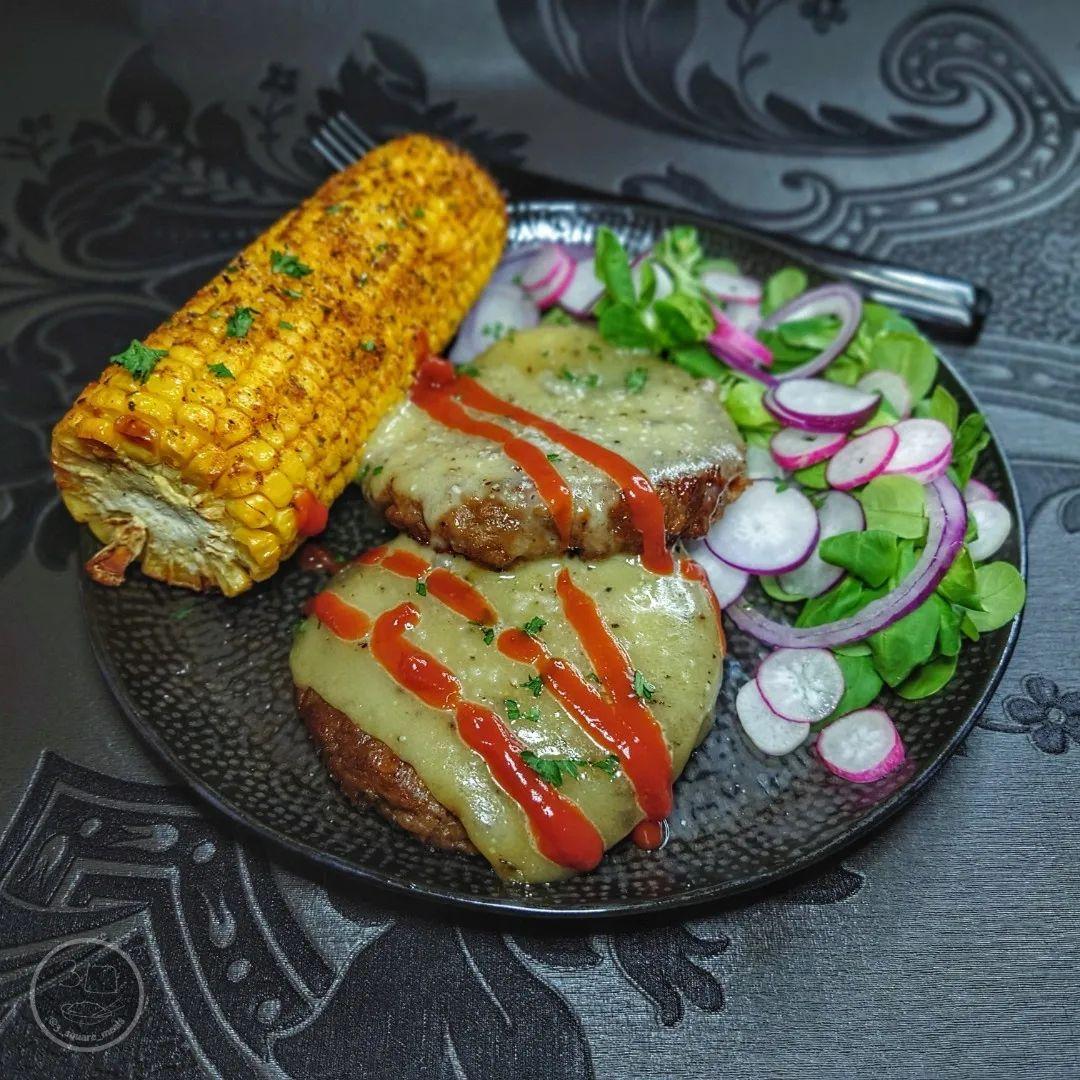 Naked Burger with Corn and Salad