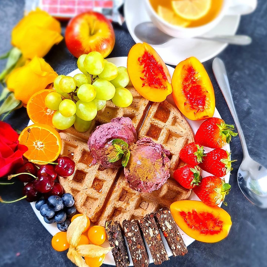 Buttermilk Waffle with Wild Blackberry Nice Cream and Maple Syrup