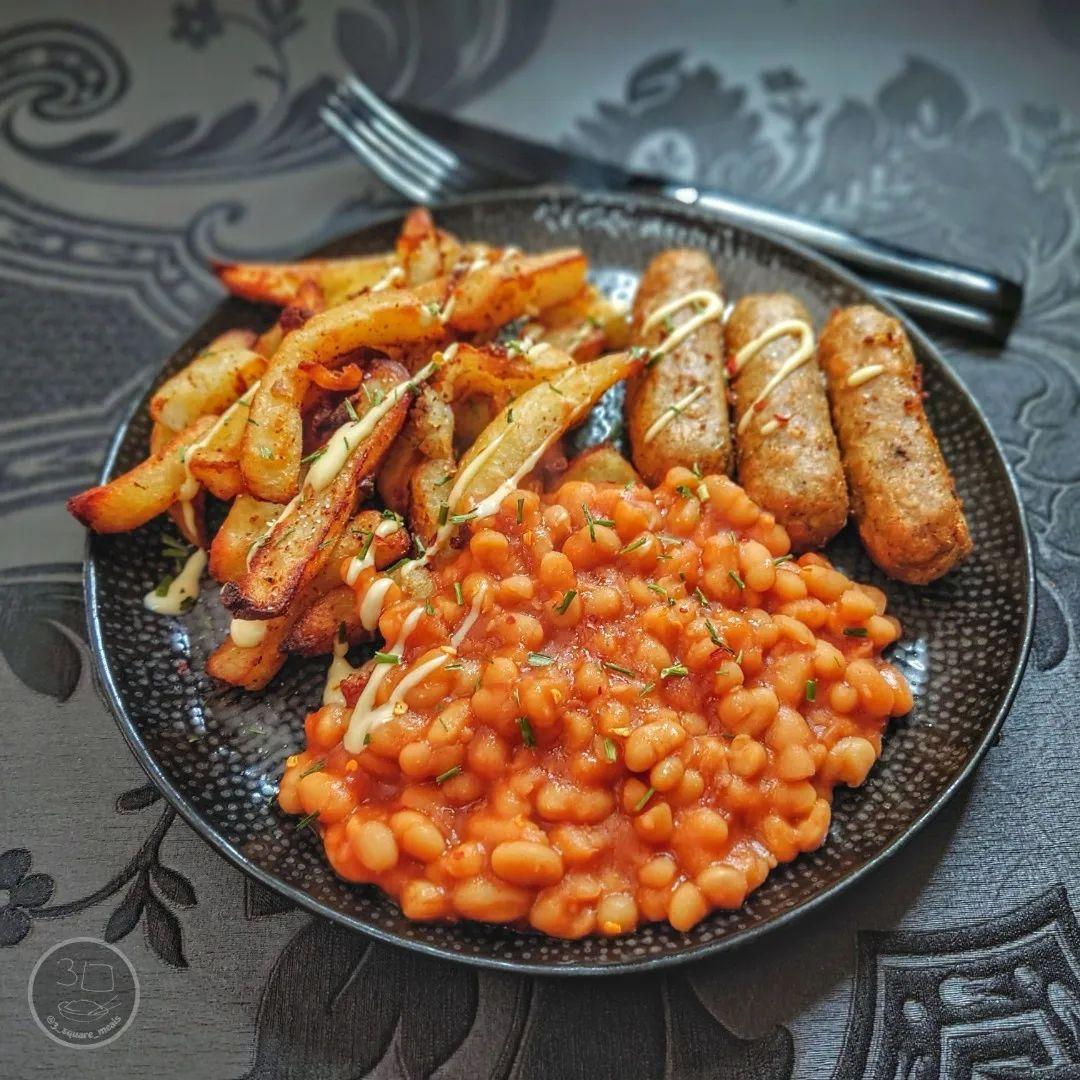 Air-Fried Sausage, Chips, and Beans
