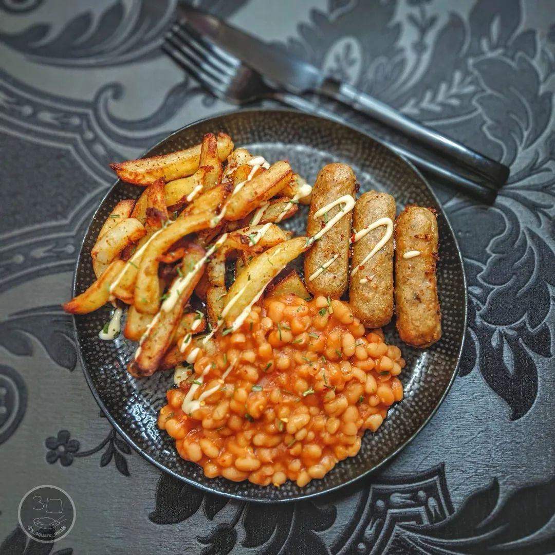 Air-Fried Sausage, Chips, and Beans