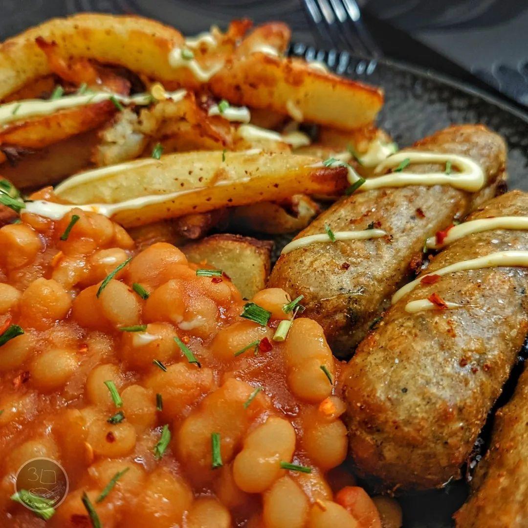 Air-Fried Sausage, Chips, and Beans