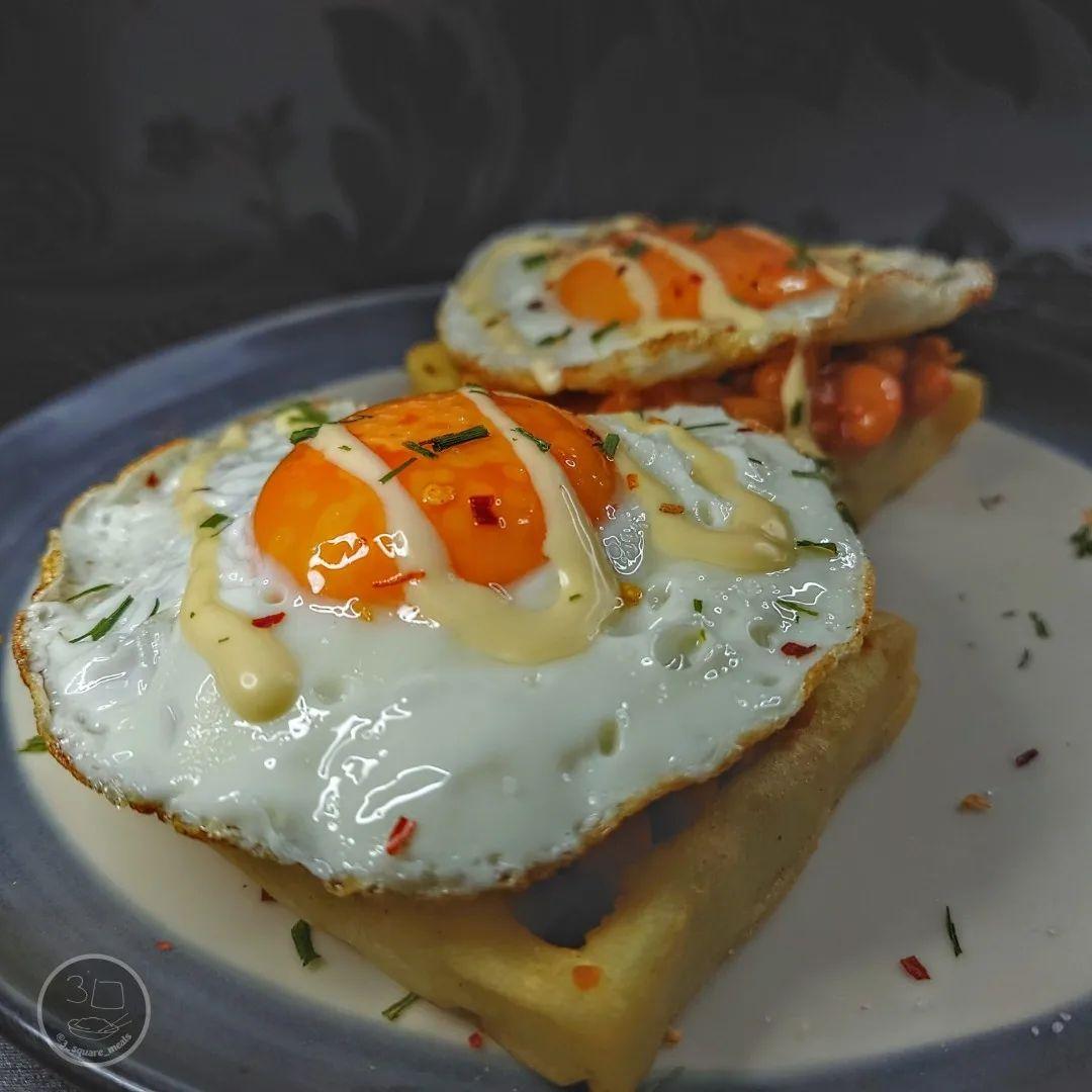 Waffles, Eggs, and Beans Breakfast